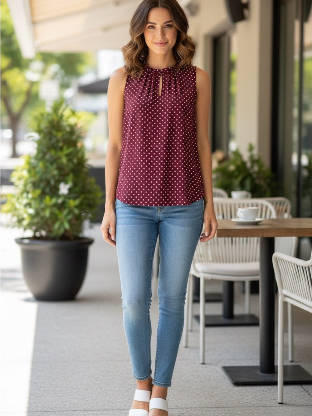New York & Company Burgundy Polka Dot Sleeveless Blouse